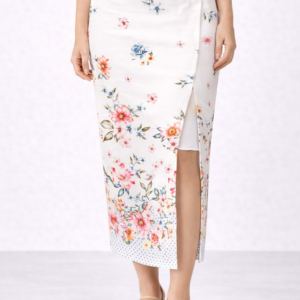 saia midi floral branca com fenda lateral