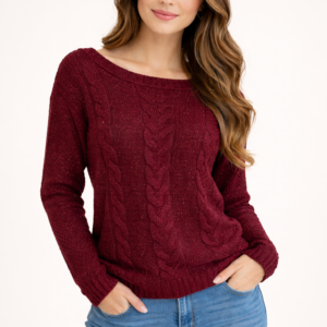 blusa feminina de tricô trançado bordô