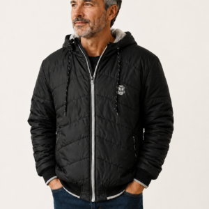 Home jaqueta masculina puffer preta com capuz peluciado